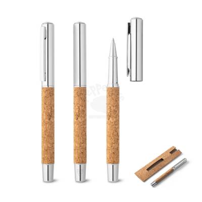 Caneta Roller de Aço Inox Reciclado com Revestimento em Cortiça Personalizada