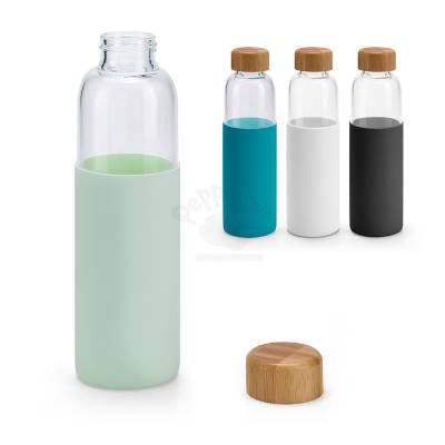 Garrafa de Vidro Borossilicato 600ml com Capa de Silicone e Tampa de Bambu Personalizada