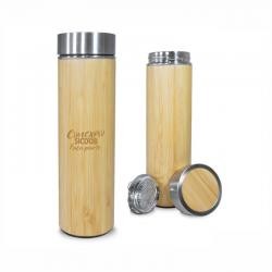 Garrafa Térmica de Inox com Revestimento em Bambu 500ml com Infusor Personalizada