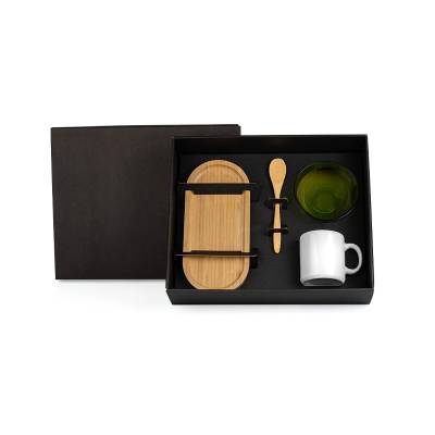 Kit Café com Caneca de Cerâmica, Tigela de Vidro, Colher e Bandeja de Bambu Personalizado