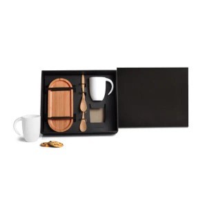 Kit Café e Chá em Bambu com Bandeja, Duas Colheres e Duas Canecas de Cerâmica Personalizado