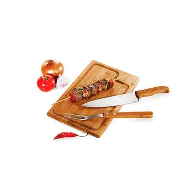 Kit Churrasco 3 Peças com Faca, Garfo e Tábua em Inox e Bambu Personalizado