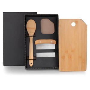 Kit Cozinha com Tábua de Corte, Colher e Espátula de Bambu e Inox 3 Peças Personalizado
