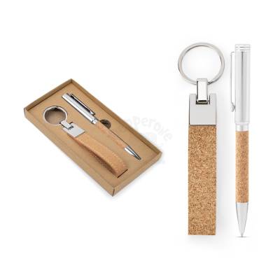Kit Escritório com Caneta e Chaveiro de Metal e Cortiça Personalizado