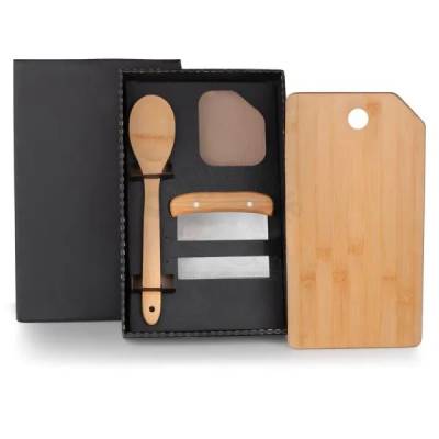Kit Para Cozinha Em Bambu / Inox Com Espatula Multiuso - 3 Pcs