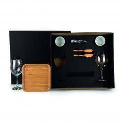 Kit Vinho e Petiscos 8 Peças com Petisqueira e Espátulas de Bambu Personalizado